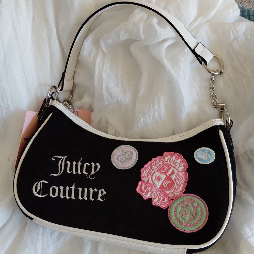 Juicy Couture Black Shoulder Bag with White Trim and Multicolor Patches